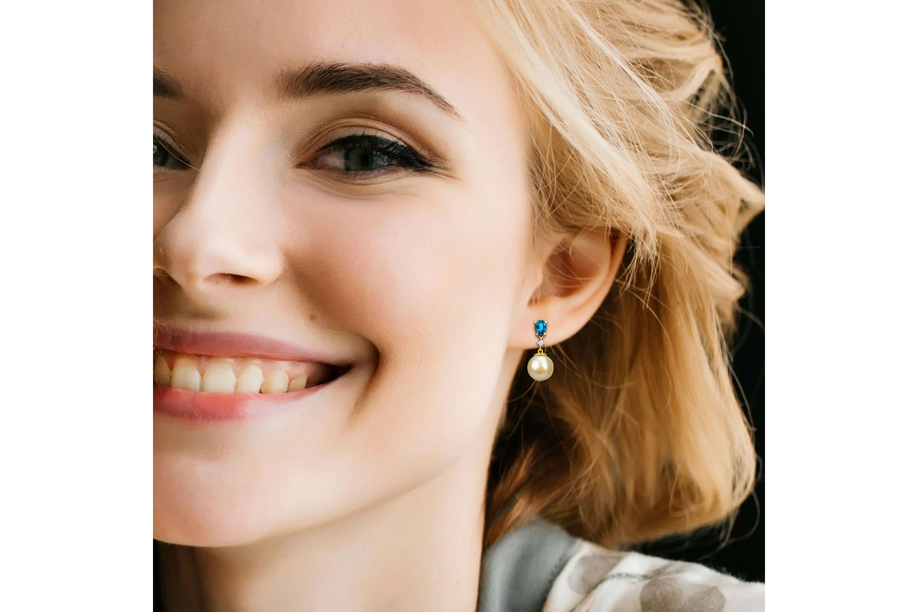 8.5-9mm Golden South Sea Cultured Pearl and London Blue Topaz with Diamond Accent Drop Earrings  in 14K Yellow Gold