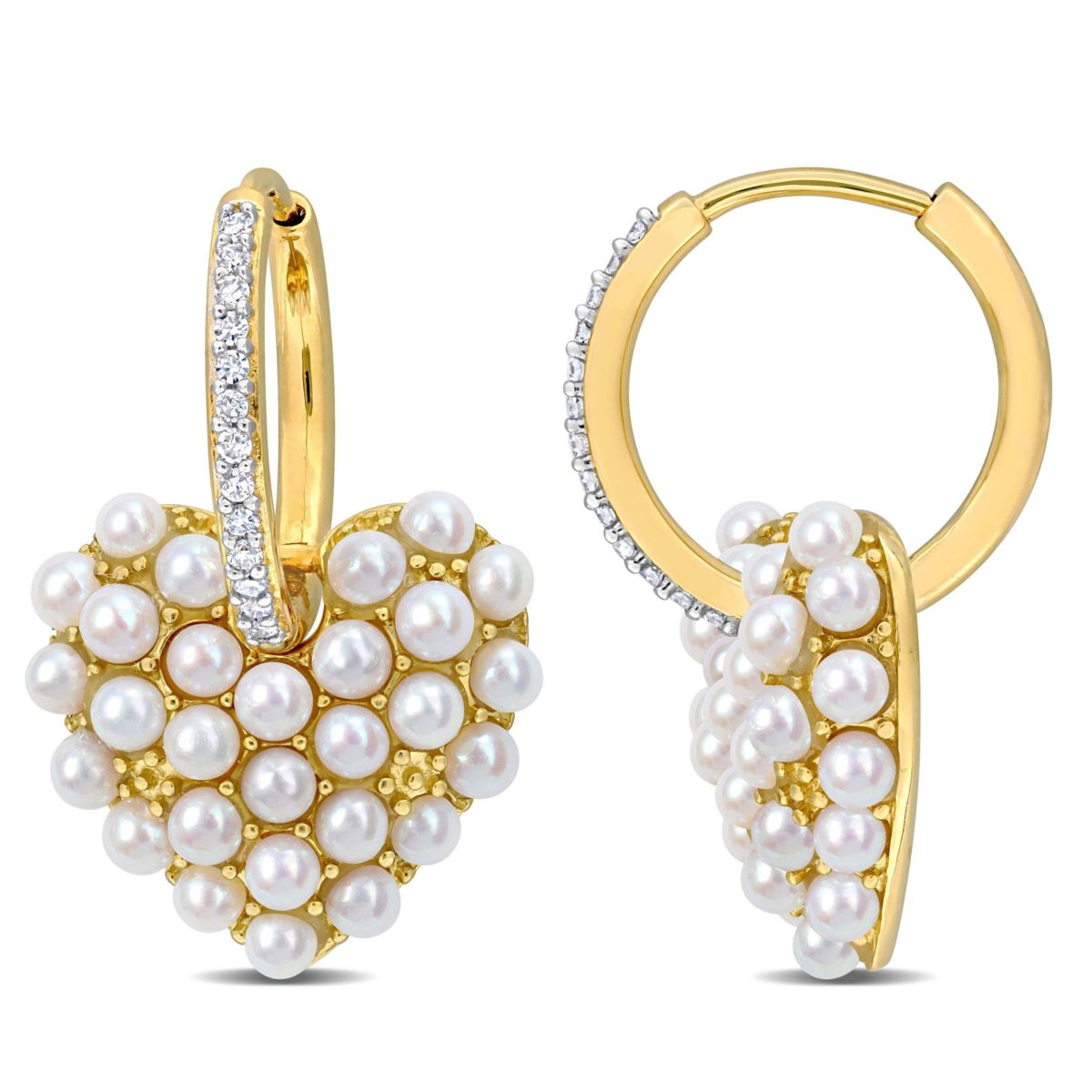 2-2.5mm Freshwater Cultured Pearl and 1/8 ct. t.w. Diamond Hoop Heart Earrings in 14K Yellow Gold