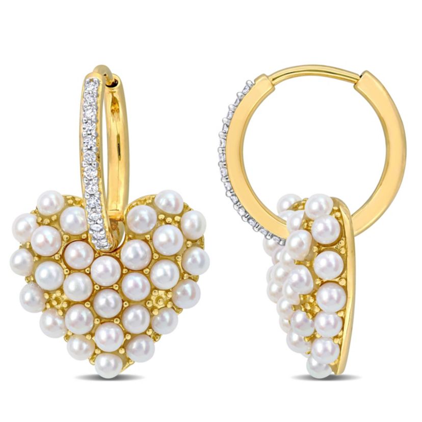 2-2.5mm Freshwater Cultured Pearl and 1/8 ct. t.w. Diamond Hoop Heart Earrings in 14K Yellow Gold