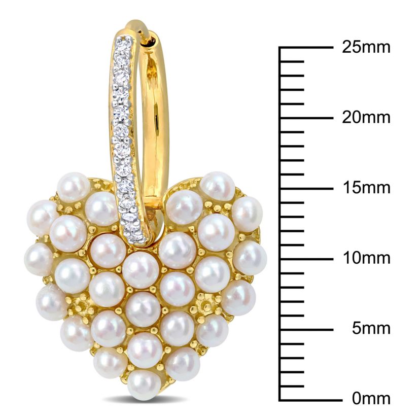 2-2.5mm Freshwater Cultured Pearl and 1/8 ct. t.w. Diamond Hoop Heart Earrings in 14K Yellow Gold