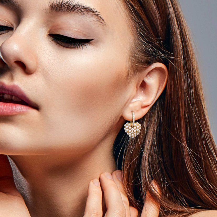 2-2.5mm Freshwater Cultured Pearl and 1/8 ct. t.w. Diamond Hoop Heart Earrings in 14K Yellow Gold