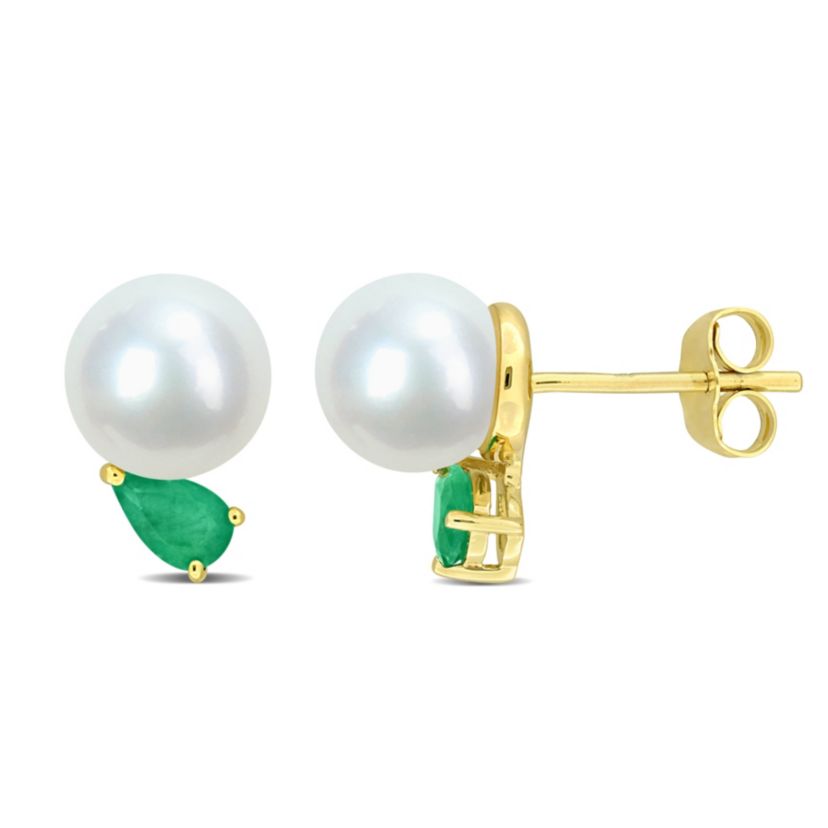 7-7.5mm Freshwater Cultured Pearl and Emerald Earrings in 14K Yellow Gold