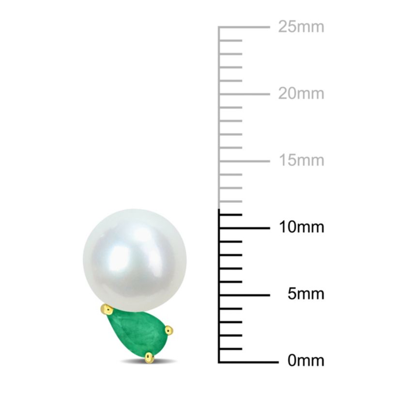 7-7.5mm Freshwater Cultured Pearl and Emerald Earrings in 14K Yellow Gold