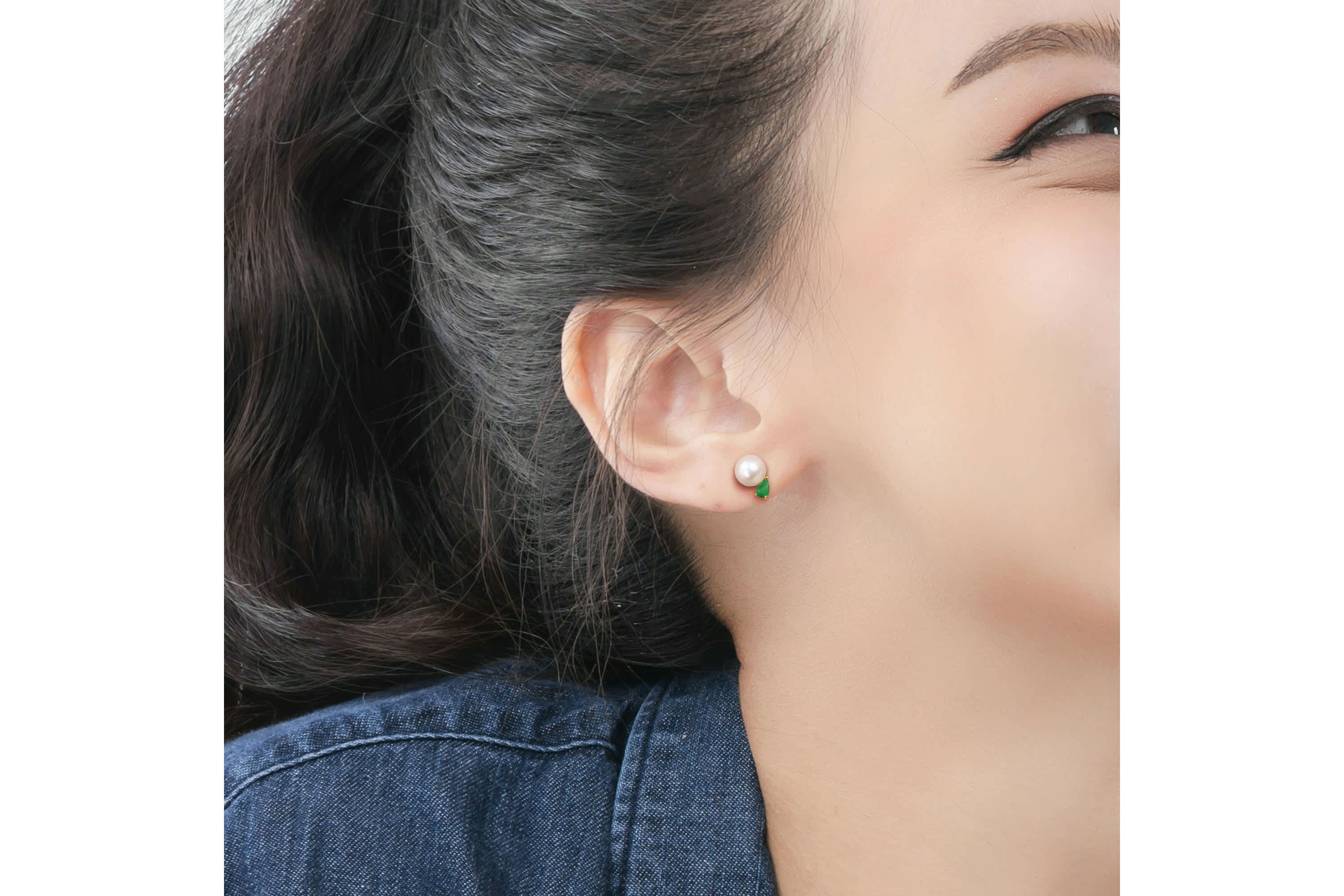 7-7.5mm Freshwater Cultured Pearl and Emerald Earrings in 14K Yellow Gold