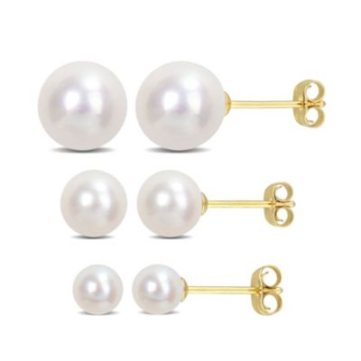 Belk & Co 3-Piece Set of 4-8.5mm Freshwater Cultured Pearl Stud Earrings in 14K Yellow Gold, 8.25 in