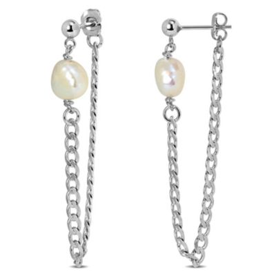 Belk & Co 8-8.5mm Freshwater Cultured Pearl Earrings with Curb Link Chain in Sterling Silver, White, 8.25 in