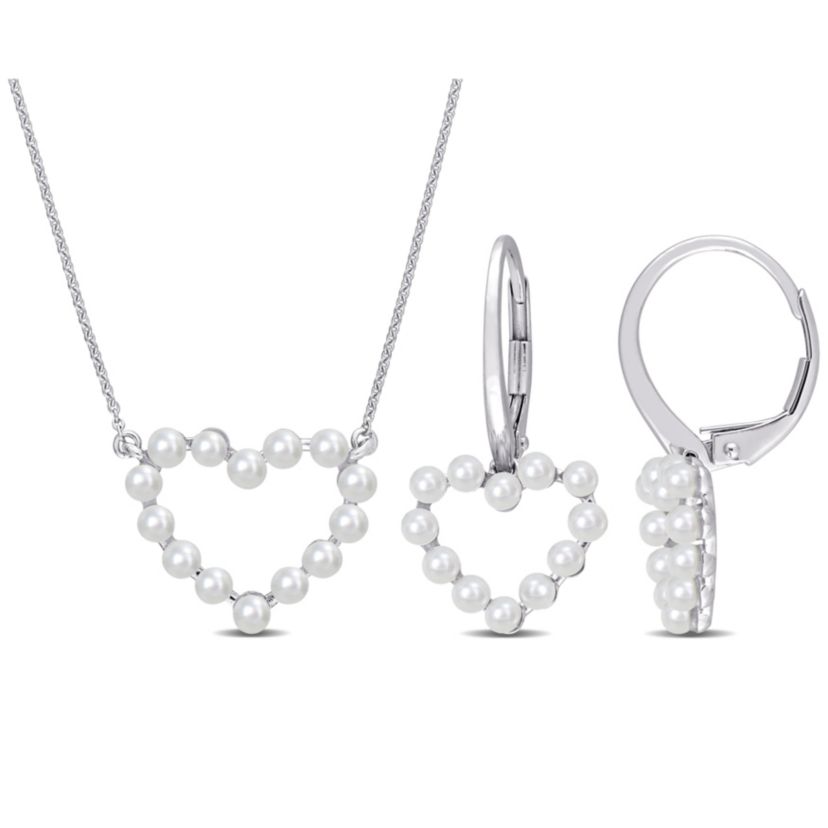 2-Piece Set of 2-2.5mm Freshwater Cultured Pearl Heart Earrings and Necklace in 14K White Gold