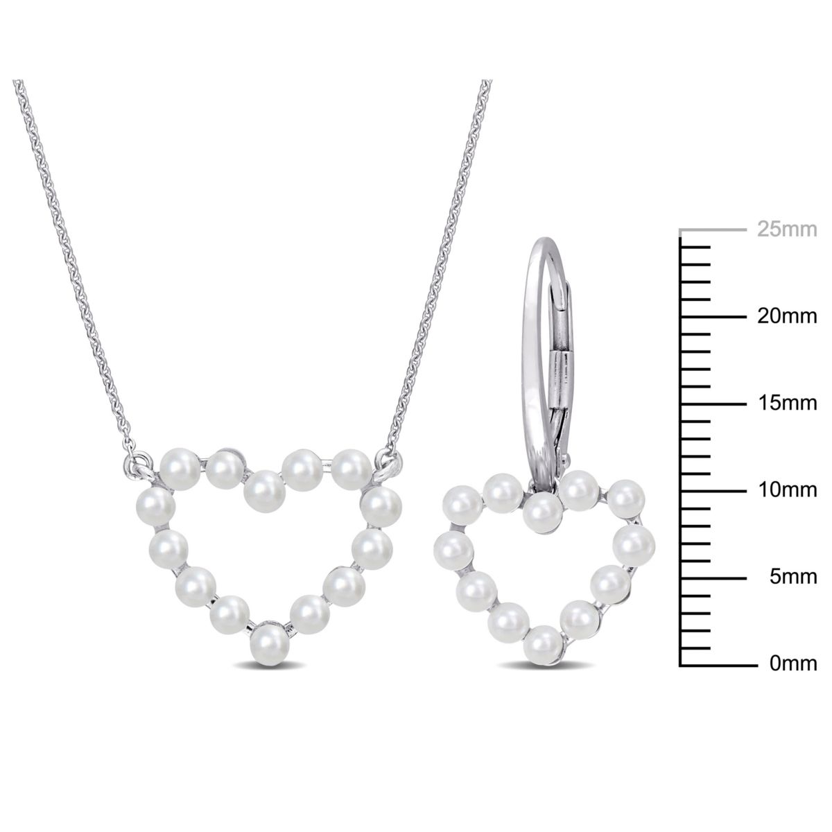 2-Piece Set of 2-2.5mm Freshwater Cultured Pearl Heart Earrings and Necklace in 14K White Gold