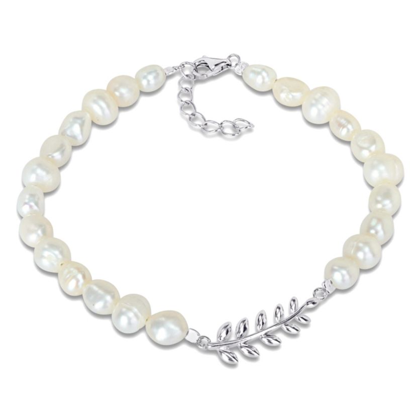 5-6.5 mm Freshwater Cultured Pearl with Leaf Charm Bracelet in Sterling Silver
