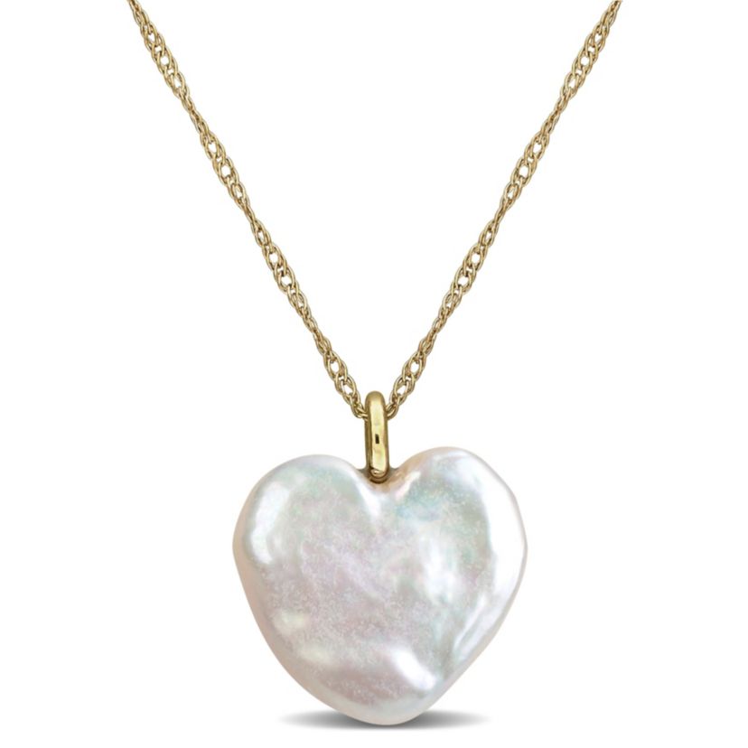 12-12.5mm Freshwater Cultured Pearl Heart Pendant with Chain in 14K Yellow Gold