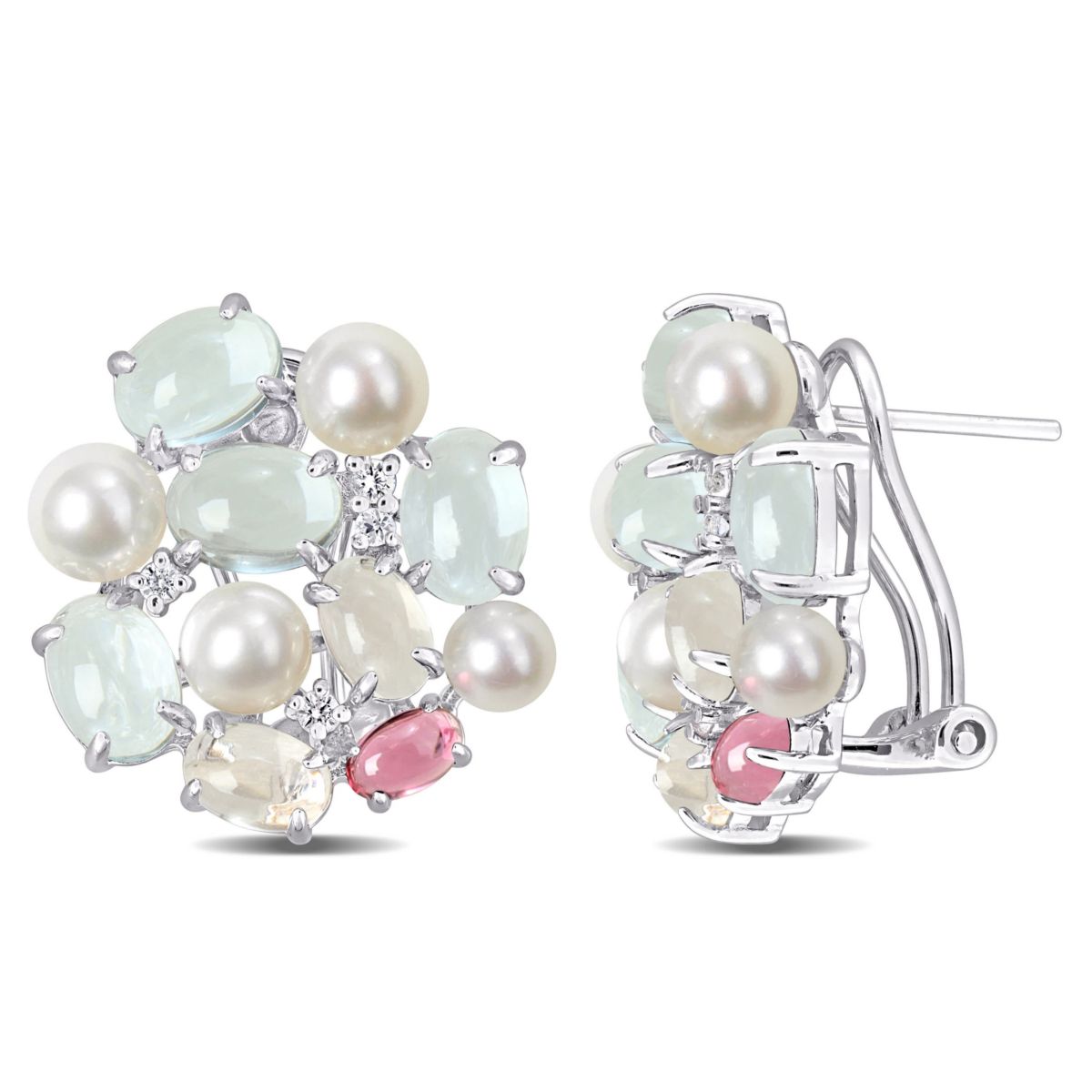4-5mm Freshwater Cultured Pearl and Multi-Gemstone Earrings in Sterling Silver
