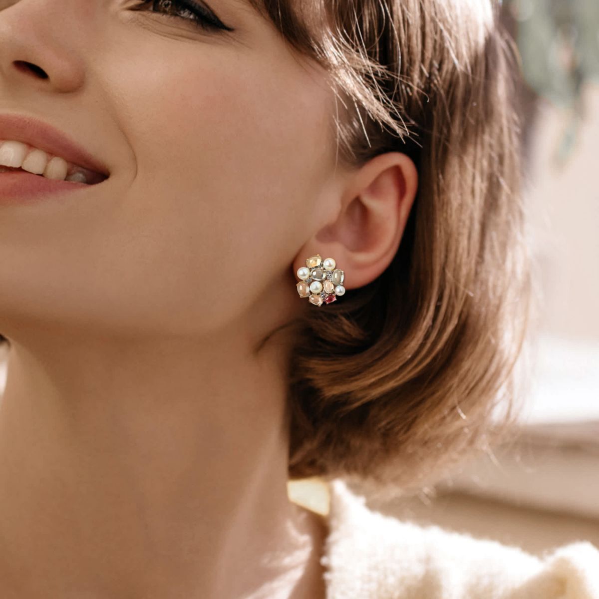 4-5mm Freshwater Cultured Pearl and Multi-Gemstone Earrings in Sterling Silver