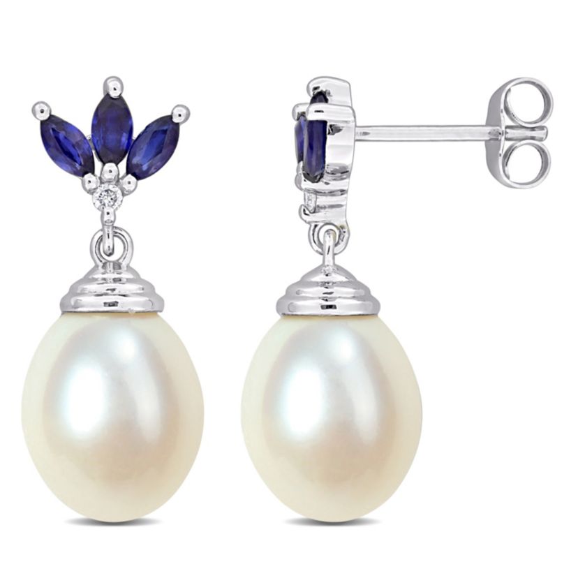 9-9.5mm Freshwater Cultured Pearl and Blue Sapphire with Diamond Accent Earrings in 10K White Gold