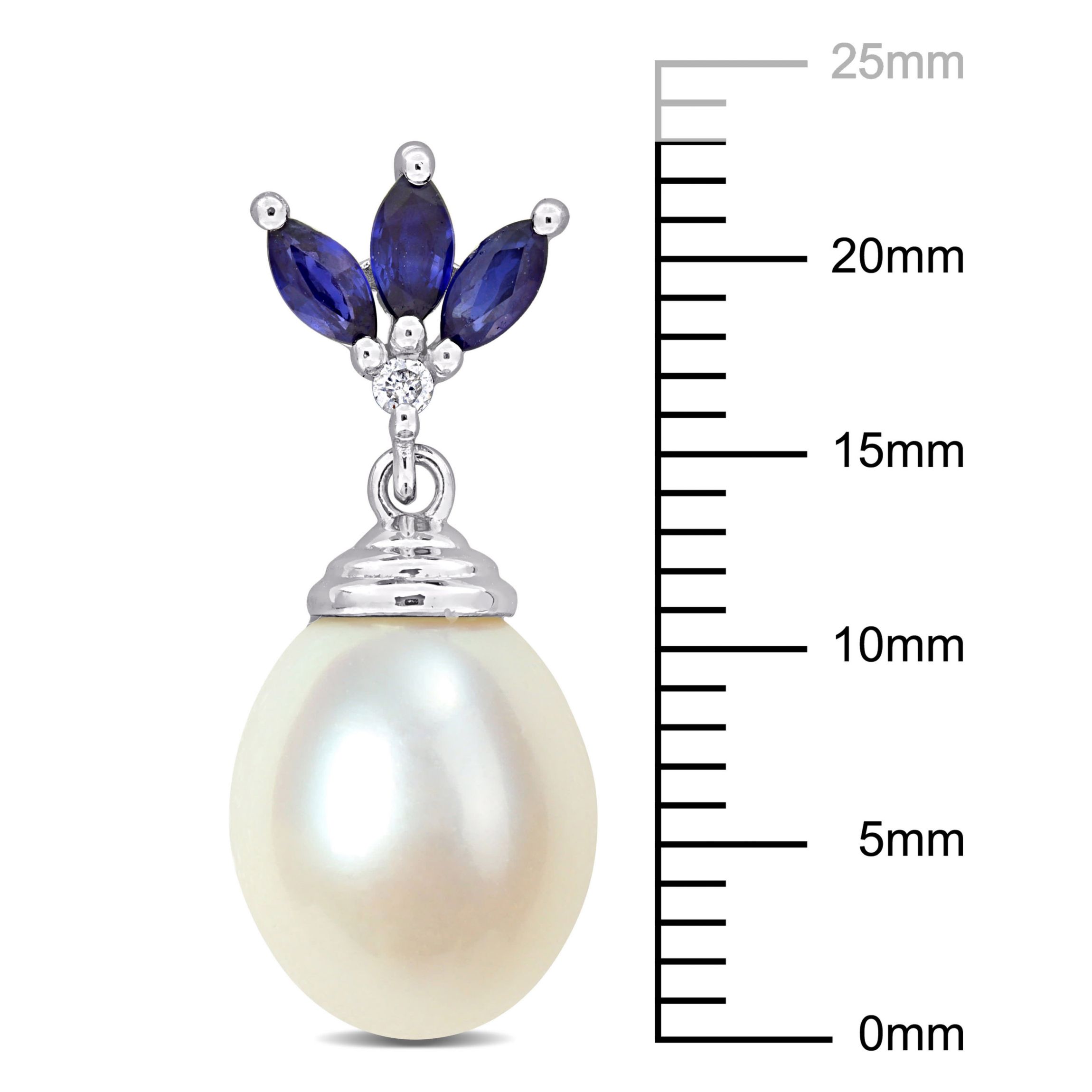 9-9.5mm Freshwater Cultured Pearl and Blue Sapphire with Diamond Accent Earrings in 10K White Gold