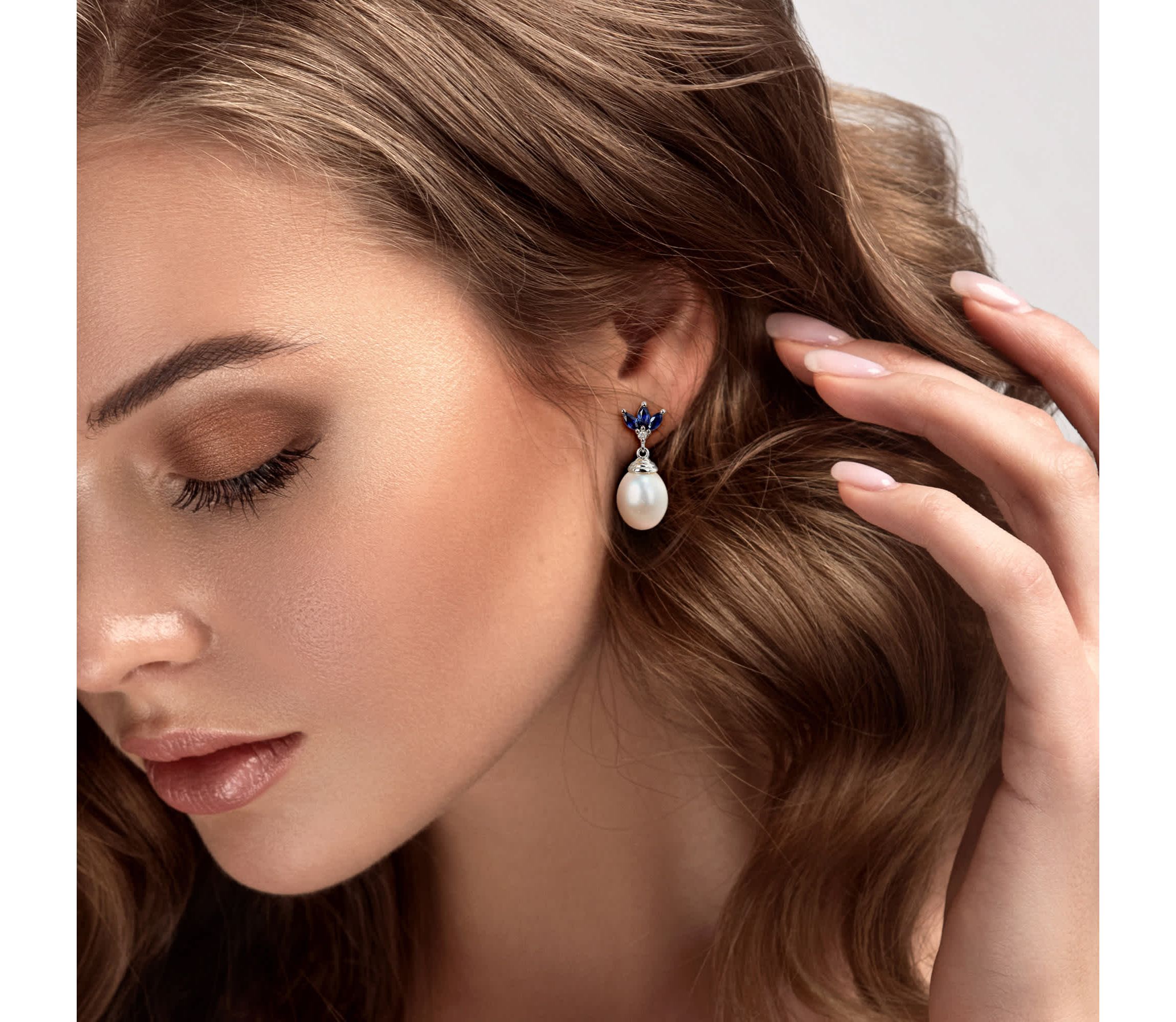 9-9.5mm Freshwater Cultured Pearl and Blue Sapphire with Diamond Accent Earrings in 10K White Gold