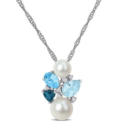 Belk & Co 5.5-7.5mm Freshwater Cultured Pearl and Blue Topaz with Diamond Accent Pendant with Chain in 14K White Gold