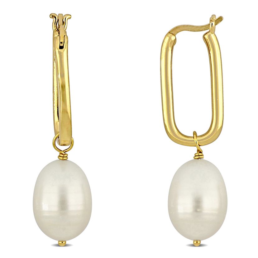 10-10.5mm Freshwater Cultured Pearl Hoop Earrings in Yellow Plated Sterling Silver