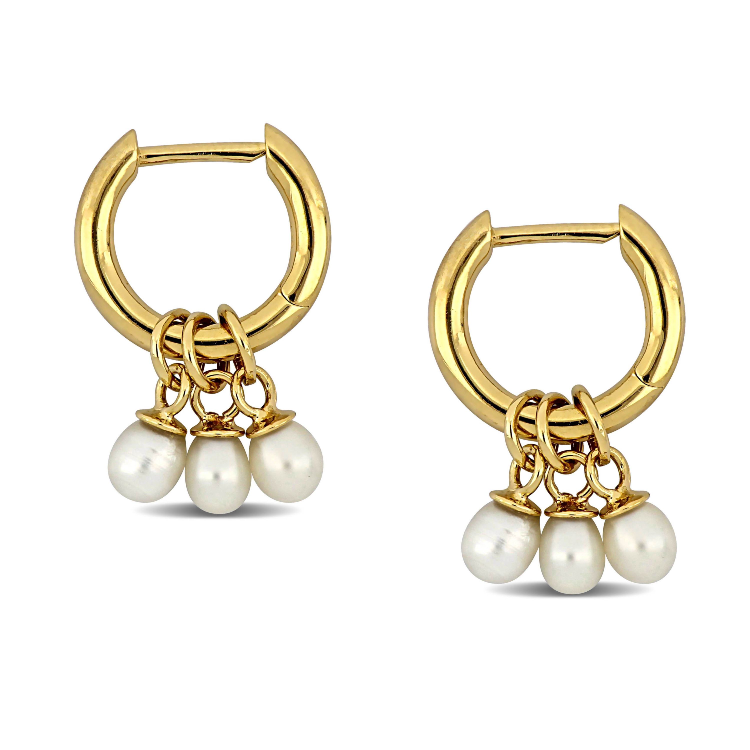 3-3.5mm Freshwater Cultured Pearl Huggie Earrings in Yellow Plated Sterling Silver