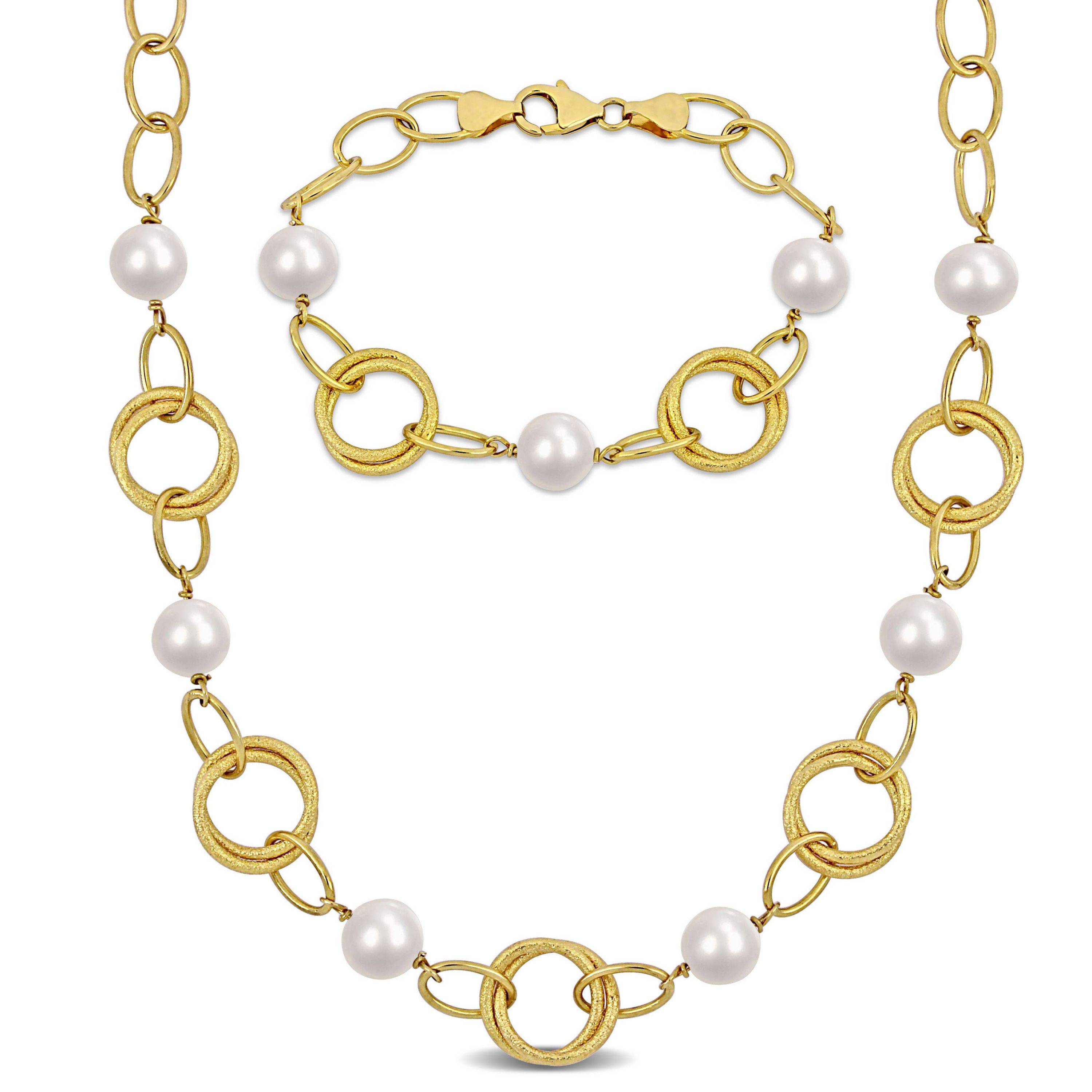 2-Piece Set of 9-10mm Freshwater Cultured Pearl with Circle Chain Bracelet and Necklace in Yellow Plated Sterling Silver