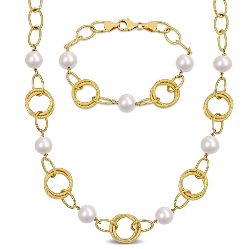 2-Piece Set of 9-10mm Freshwater Cultured Pearl with Circle Chain Bracelet and Necklace in Yellow Plated Sterling Silver