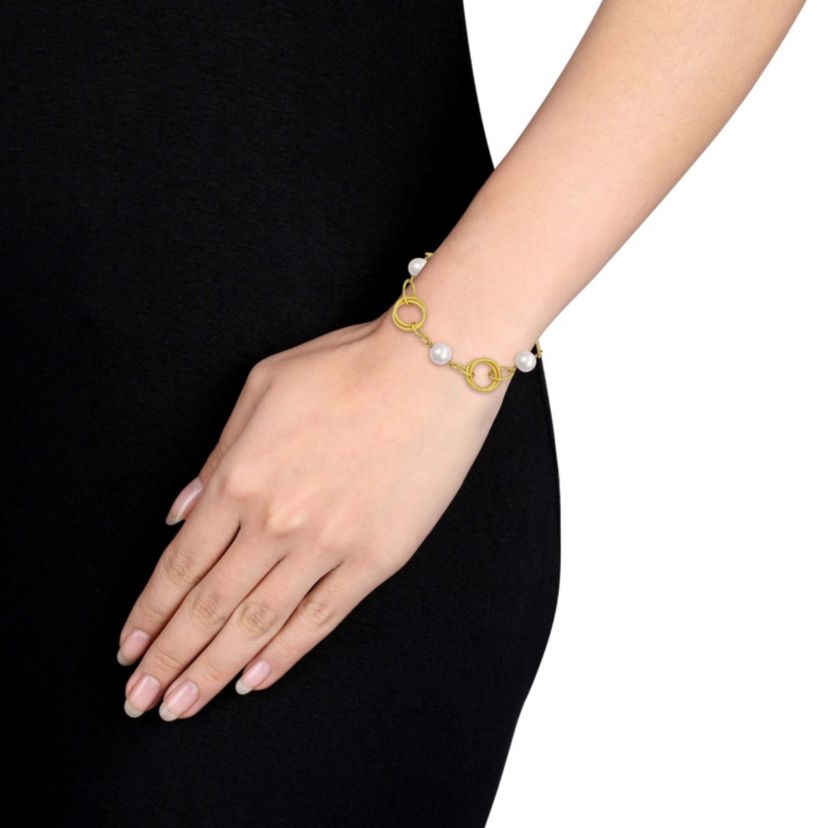 2-Piece Set of 9-10mm Freshwater Cultured Pearl with Circle Chain Bracelet and Necklace in Yellow Plated Sterling Silver