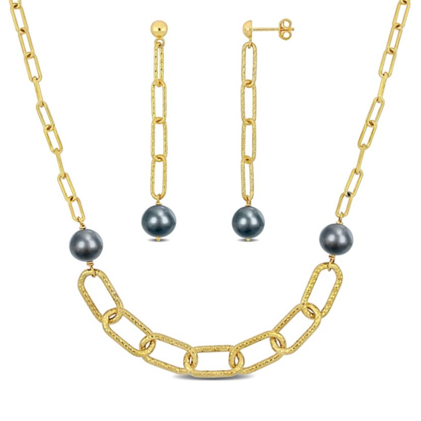 2-Piece Set of 9-10mm Grey Freshwater Cultured Pearl Drop Link Earrings and Necklace in Yellow Plated Sterling Silver