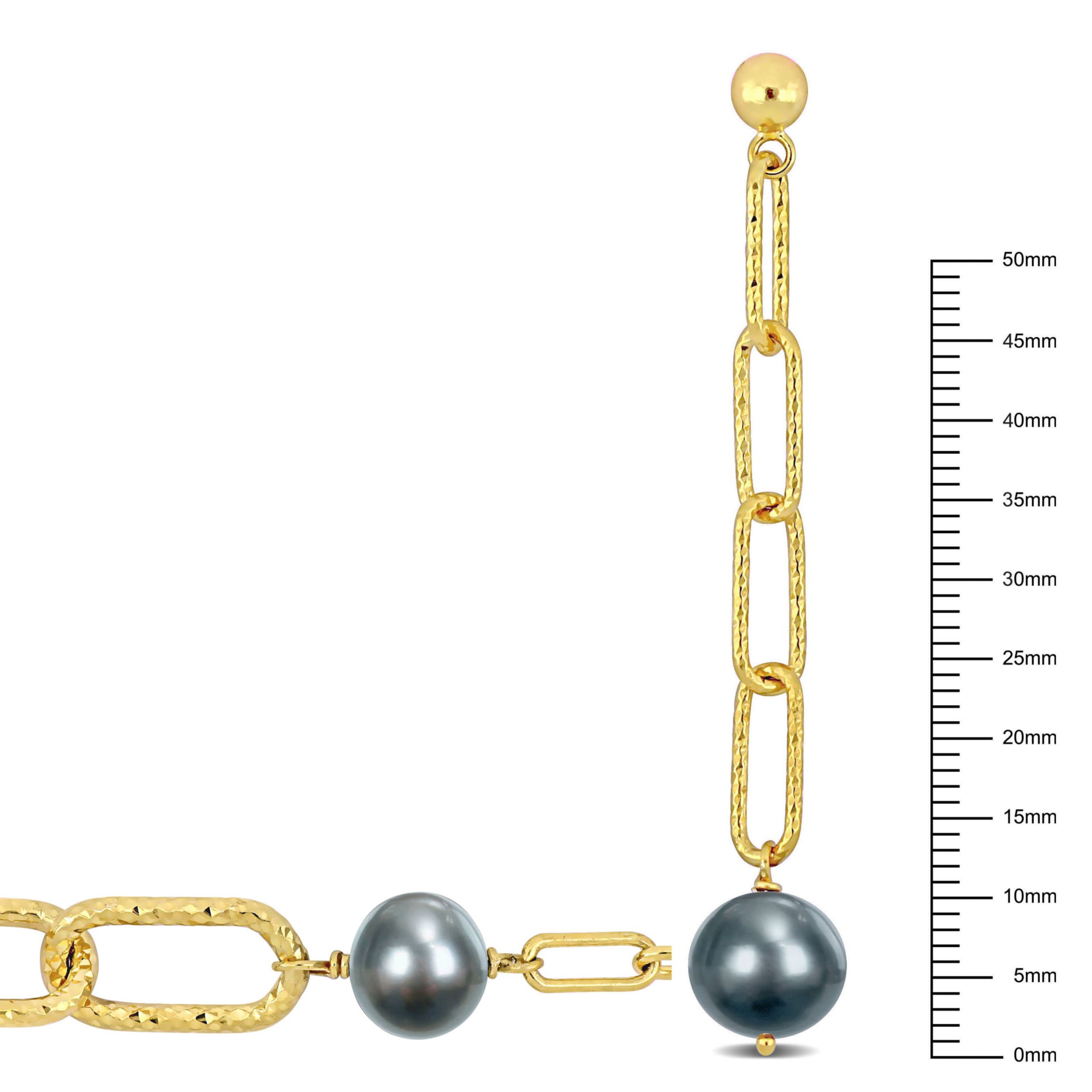 2-Piece Set of 9-10mm Grey Freshwater Cultured Pearl Drop Link Earrings and Necklace in Yellow Plated Sterling Silver
