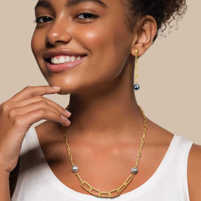 2-Piece Set of 9-10mm Grey Freshwater Cultured Pearl Drop Link Earrings and Necklace in Yellow Plated Sterling Silver