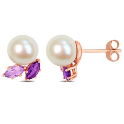 Belk & Co 8-8.5mm Freshwater Cultured Pearl with Amethyst and Rose de France Stud Earrings in 14K Rose Gold
