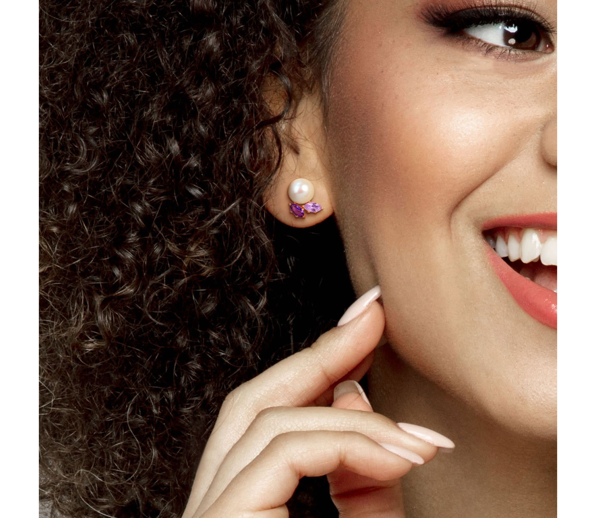 8-8.5mm Freshwater Cultured Pearl with Amethyst and Rose de France Stud Earrings in 14K Rose Gold