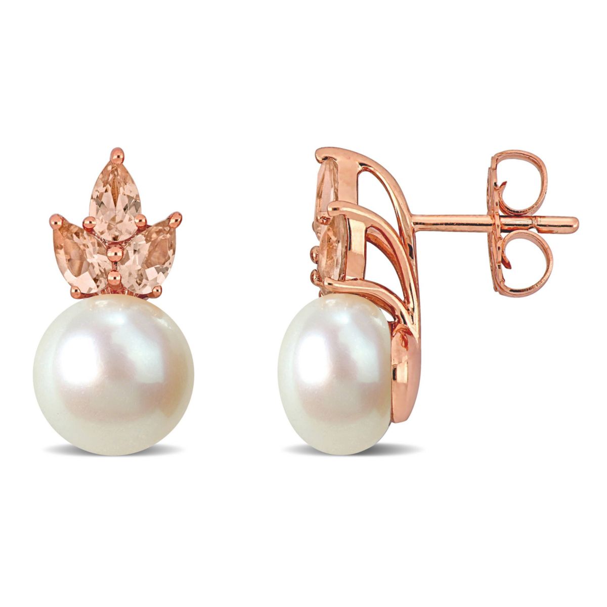 9-9.5mm Freshwater Cultured Pearl and Morganite Stud Earrings in 14K Rose Gold