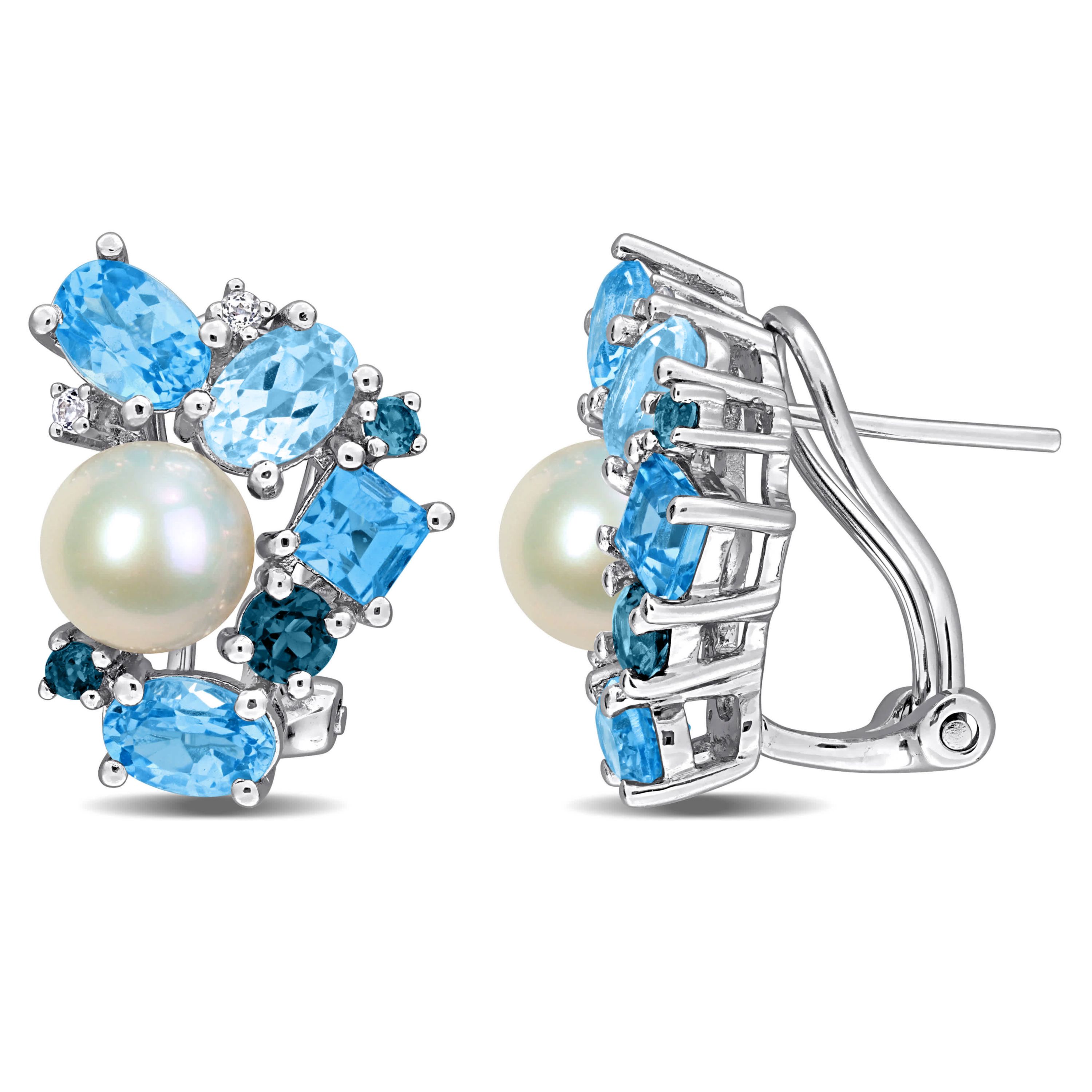 7-7.5mm Freshwater Cultured Pearl and Blue and White Topaz Cluster Stud Earrings in Sterling Silver