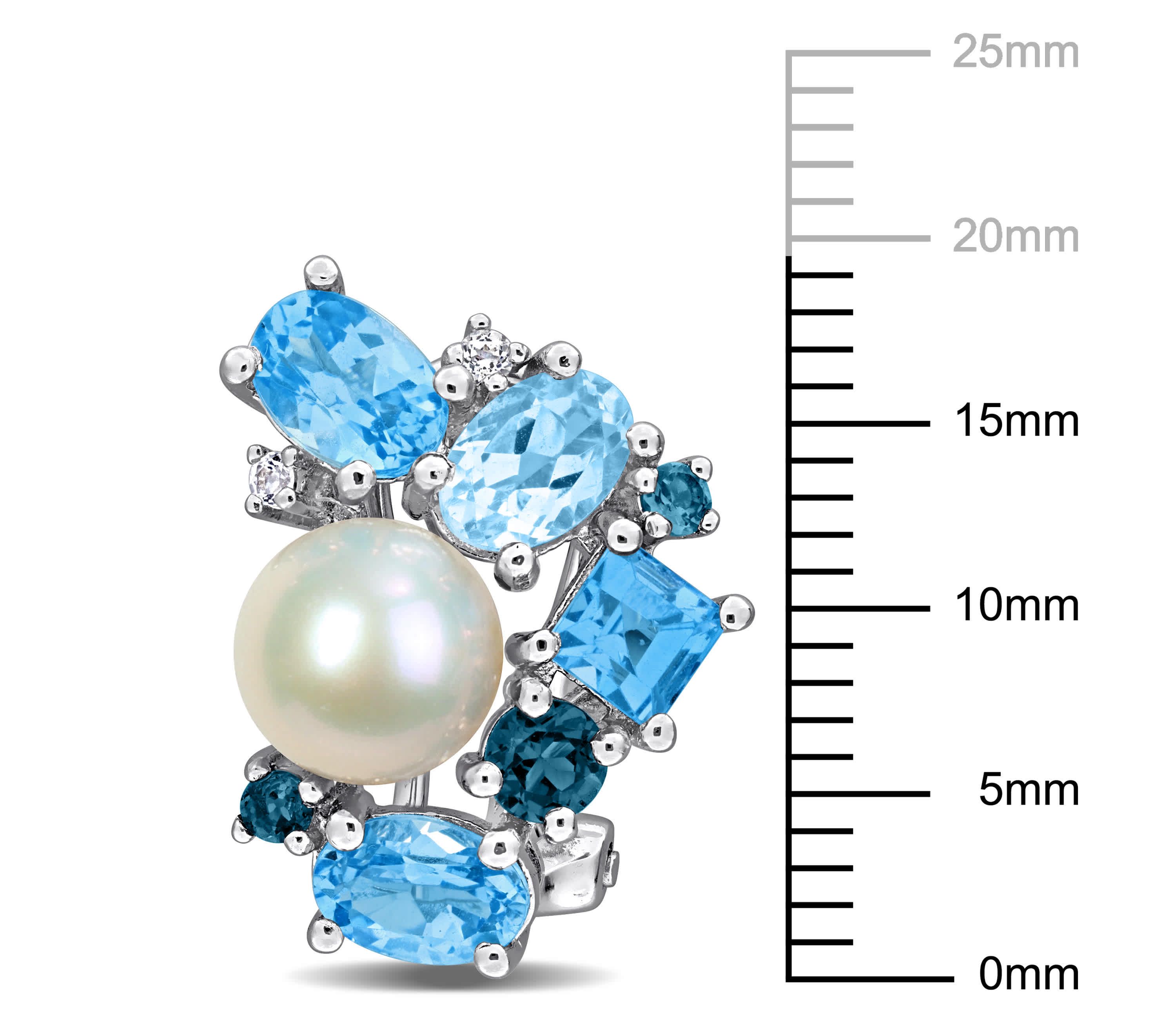 7-7.5mm Freshwater Cultured Pearl and Blue and White Topaz Cluster Stud Earrings in Sterling Silver