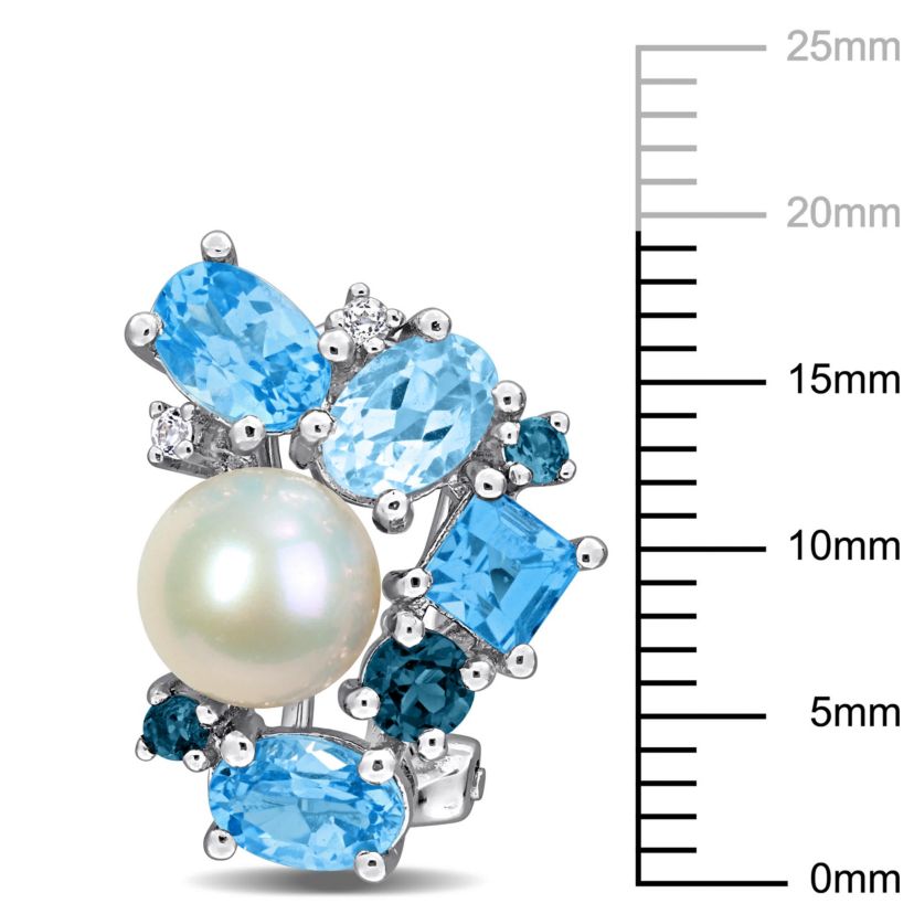 7-7.5mm Freshwater Cultured Pearl and Blue and White Topaz Cluster Stud Earrings in Sterling Silver