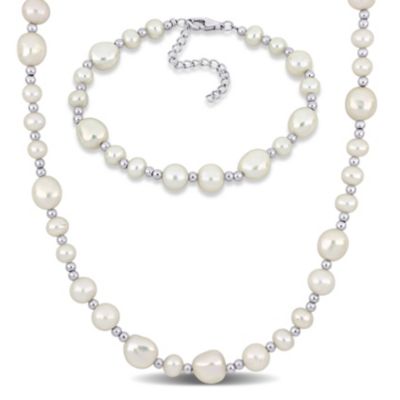 Belk & Co 2-Piece Set of 5-10mm Freshwater Cultured Pearl Bead Bracelet and Necklace in Sterling Silver, White, 8.25 in