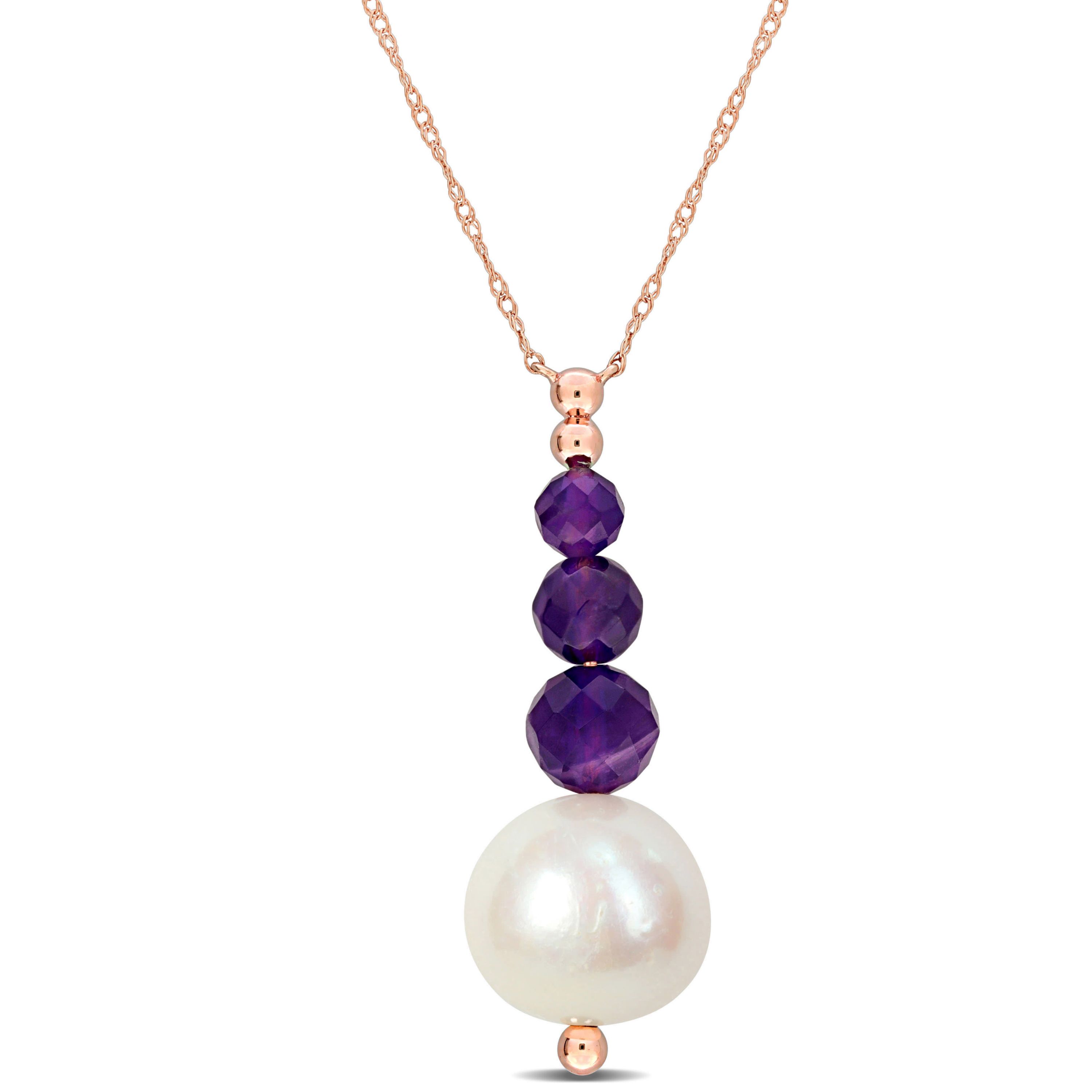 10.5-11mm Freshwater Cultured Pearl and Amethyst Pendant with Chain in 10K Rose Gold