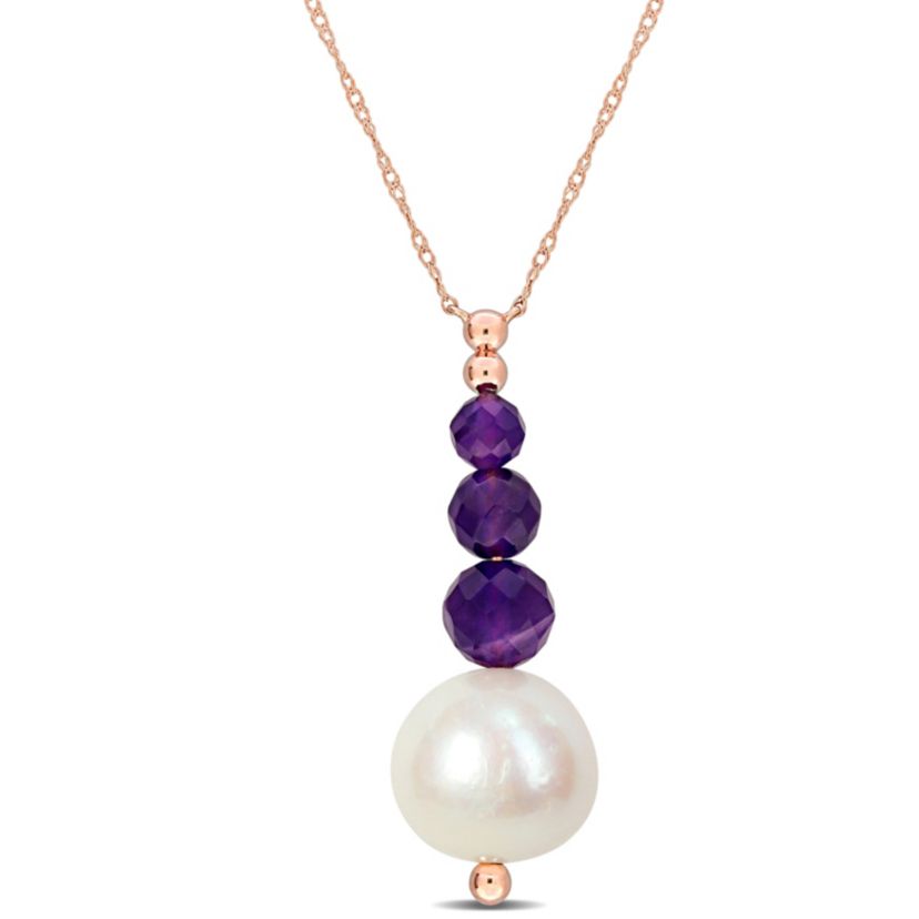 10.5-11mm Freshwater Cultured Pearl and Amethyst Pendant with Chain in 10K Rose Gold