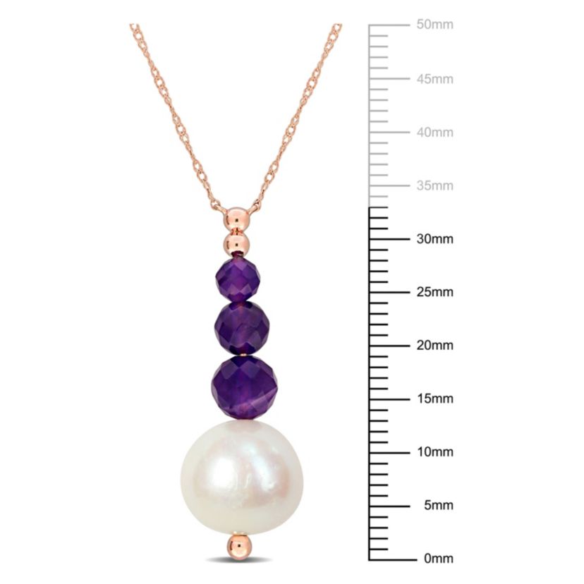 10.5-11mm Freshwater Cultured Pearl and Amethyst Pendant with Chain in 10K Rose Gold