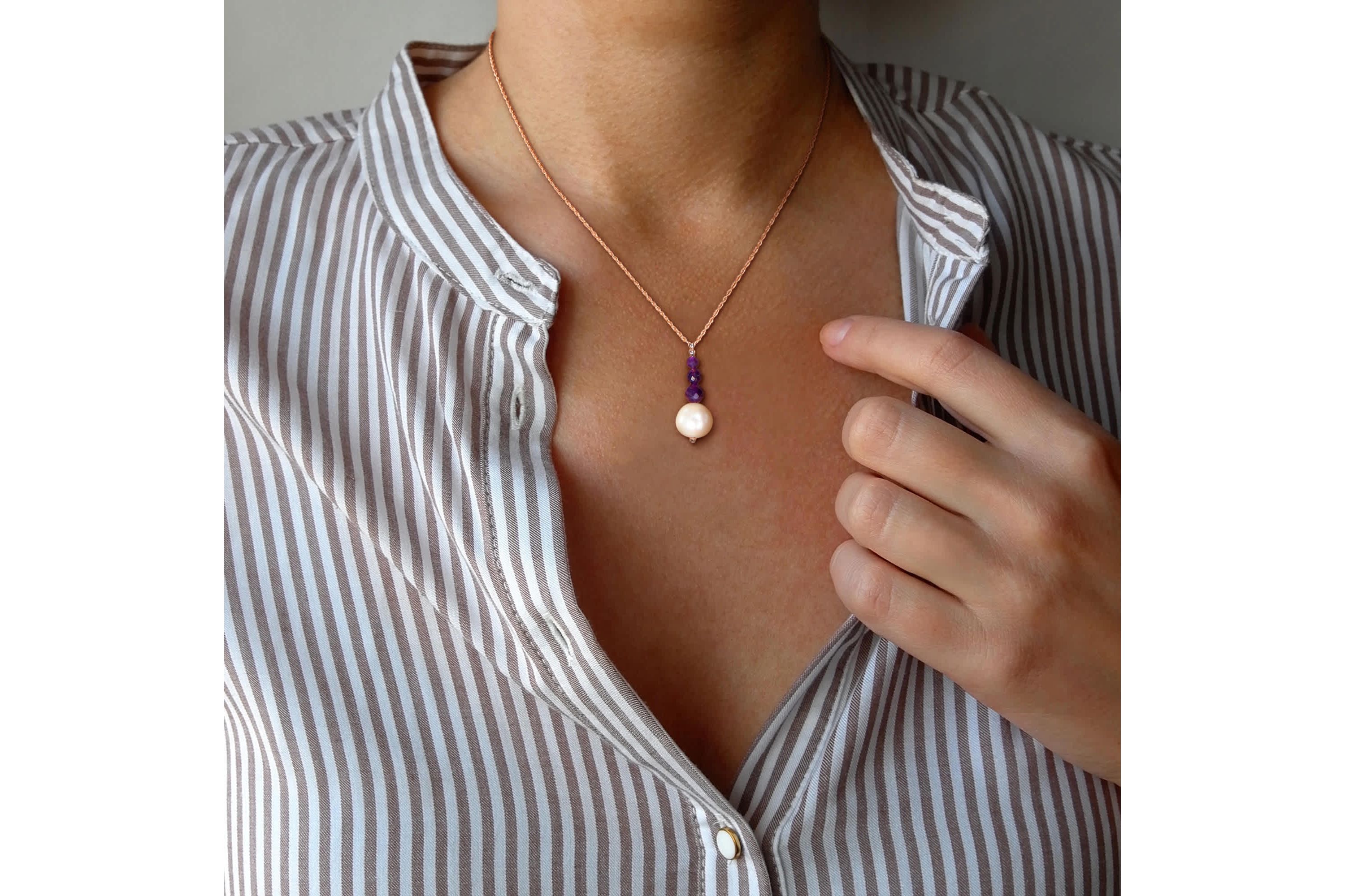 10.5-11mm Freshwater Cultured Pearl and Amethyst Pendant with Chain in 10K Rose Gold