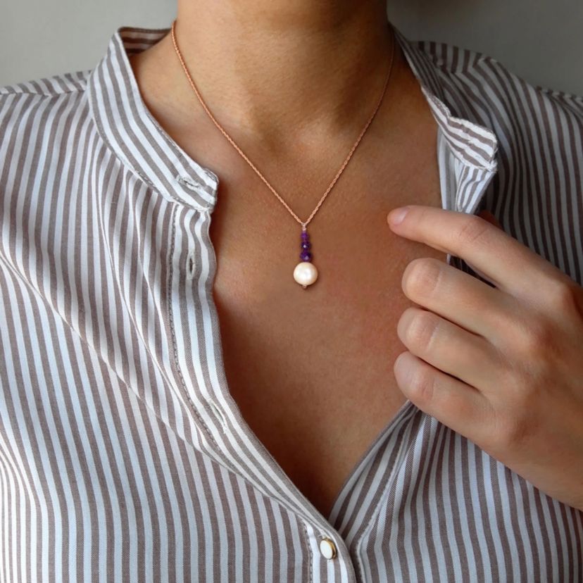 10.5-11mm Freshwater Cultured Pearl and Amethyst Pendant with Chain in 10K Rose Gold
