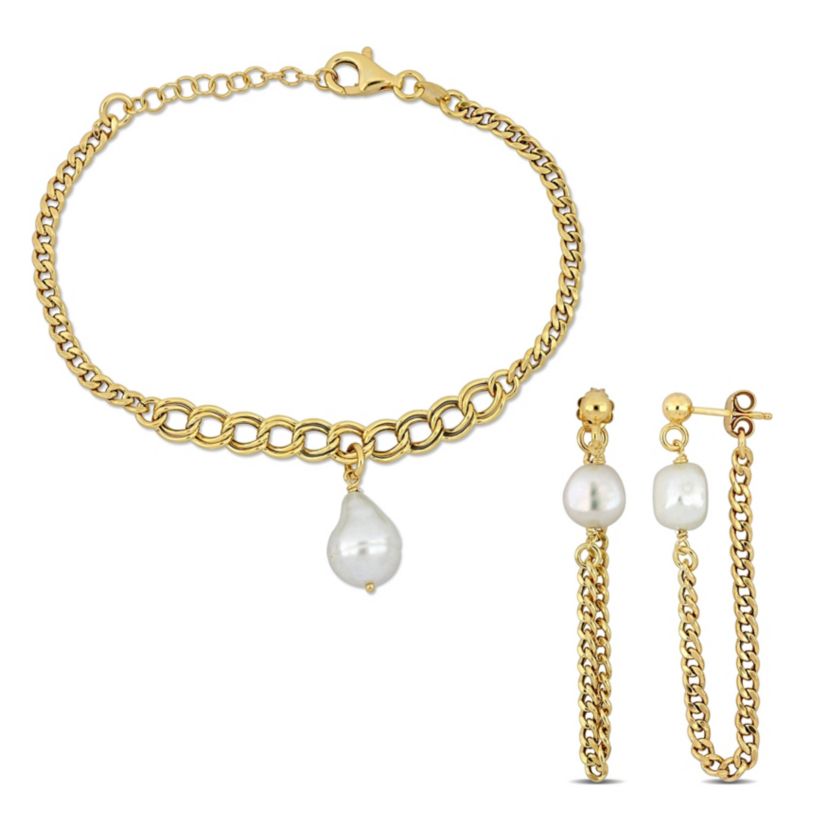 2-Piece Set of 8-10mm Freshwater Cultured Pearl Drop Earrings and Bracelet in Yellow Plated Sterling Silver