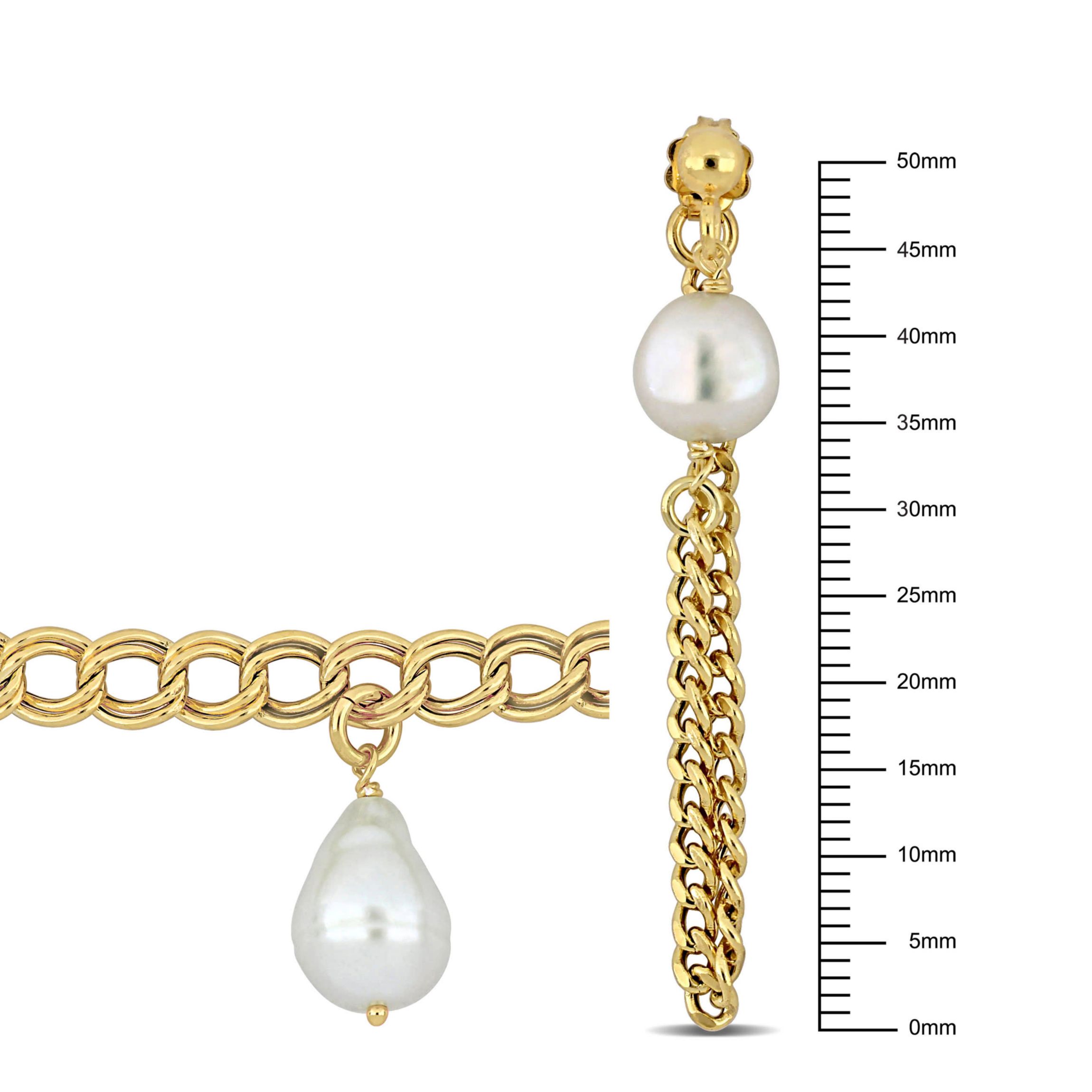 2-Piece Set of 8-10mm Freshwater Cultured Pearl Drop Earrings and Bracelet in Yellow Plated Sterling Silver