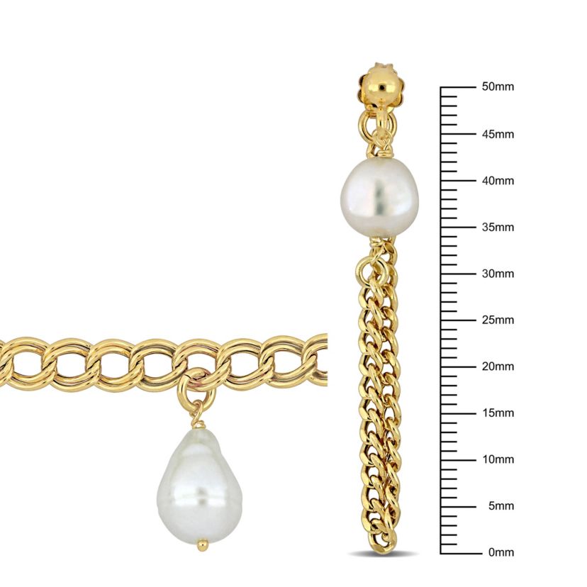 2-Piece Set of 8-10mm Freshwater Cultured Pearl Drop Earrings and Bracelet in Yellow Plated Sterling Silver