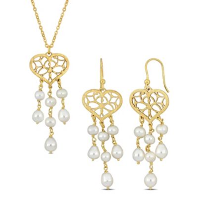 Belk & Co 2-Piece Set of 6-6.5mm Freshwater Cultured Pearl Chandelier Style Heart Drop Earrings and Pendant with Chain in Yellow Plated Sterling