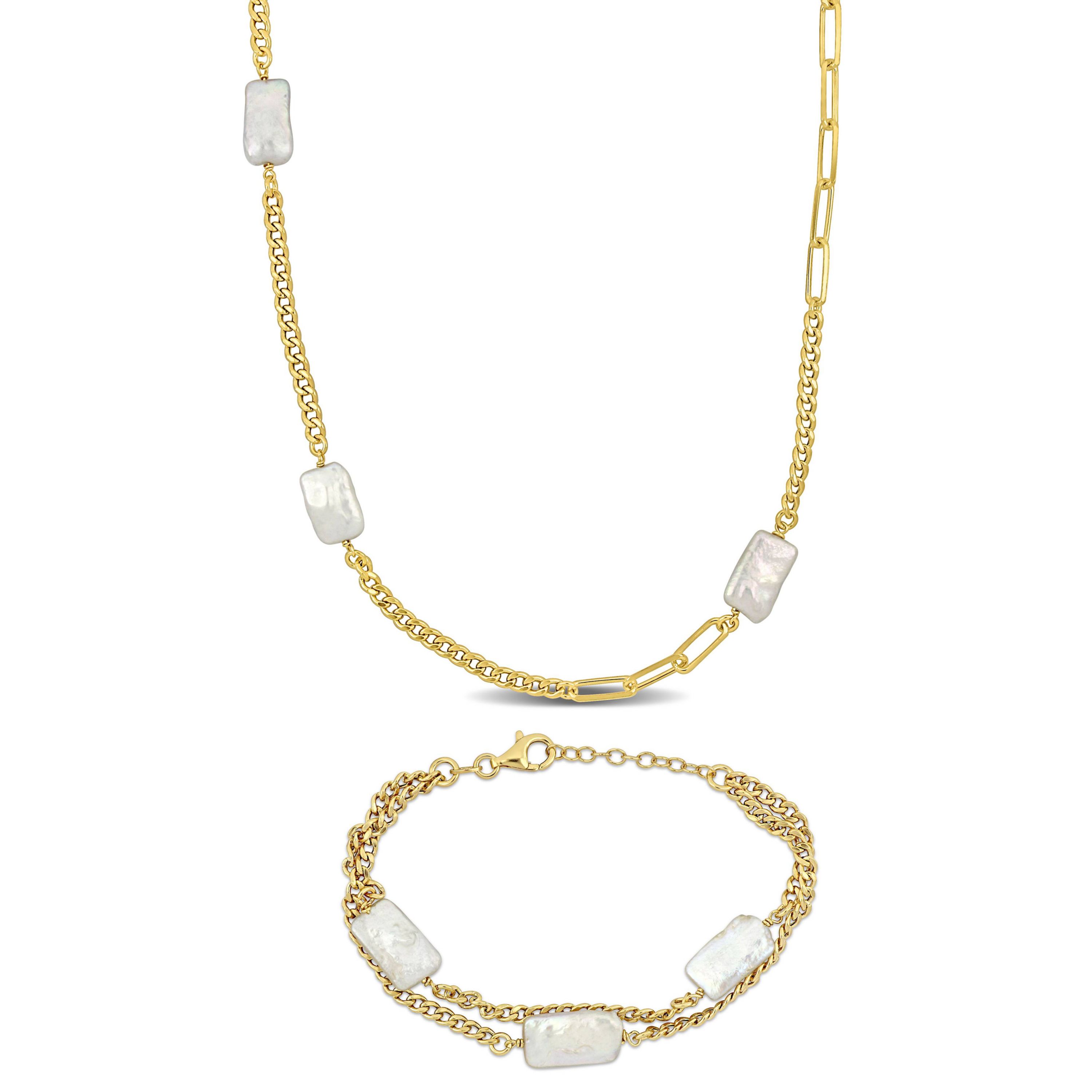 2-Piece Set of Freshwater Cultured Pearl Bracelet and Necklace in Yellow Plated Sterling Silver