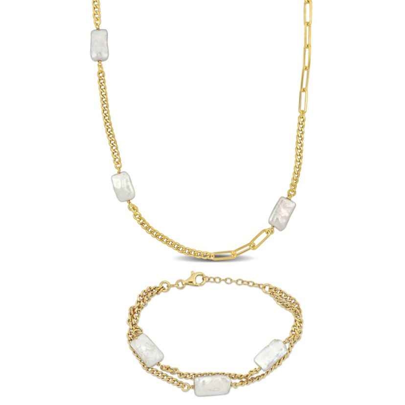 2-Piece Set of Freshwater Cultured Pearl Bracelet and Necklace in Yellow Plated Sterling Silver