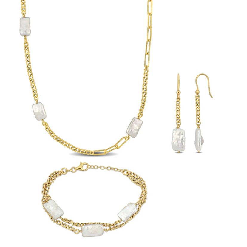 3-Piece Set of Freshwater Cultured Pearl Drop Earrings, Bracelet and Necklace in Yellow Plated Sterling Silver