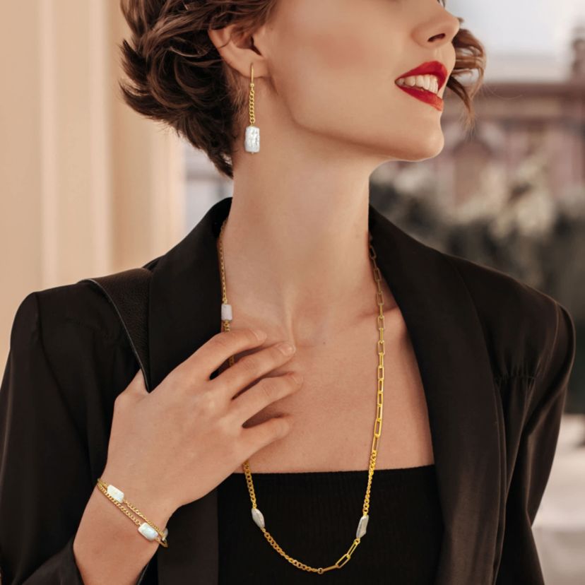 3-Piece Set of Freshwater Cultured Pearl Drop Earrings, Bracelet and Necklace in Yellow Plated Sterling Silver