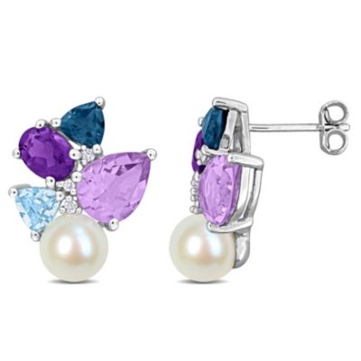 Belk & Co 7-7.5mm Freshwater Cultured Pearl and Multi-Gemstone with Diamond Accent Clustered Stud Earrings in Sterling Silver, White, 8.25 in
