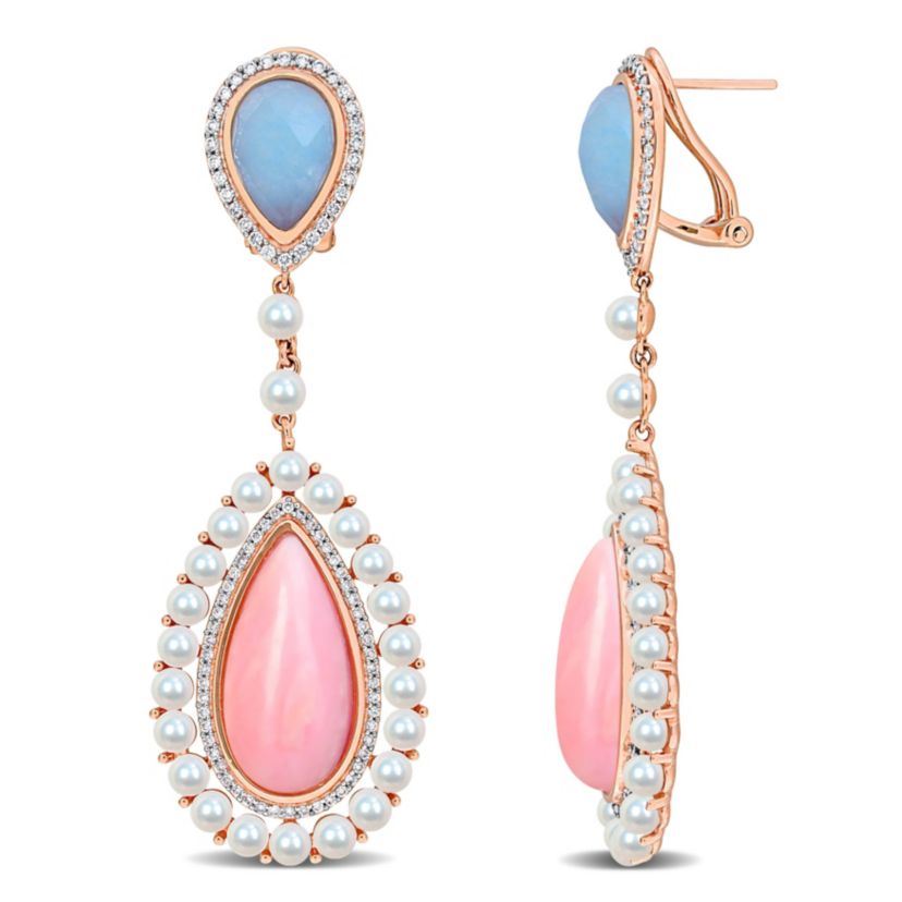 3-4mm Freshwater Cultured Pearl and 7/8 ct. t.w. Diamond Teardrop Earrings in 14K Rose Gold